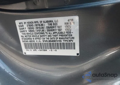 2008 Honda Odyssey Touring from USA, damaged, VIN 5FNRL38948B074165